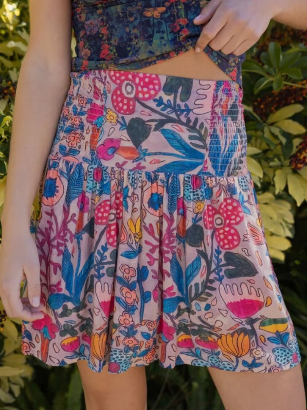 NWT NATURAL LIFE Womens Blue Multicolor Floral Mini Skirt Boho Smocked Back Size